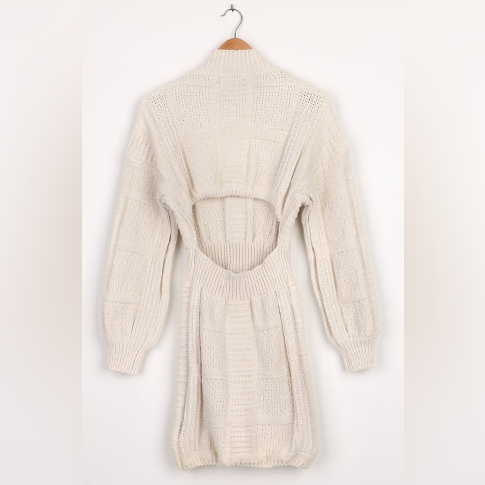 Lulus Patchwork It Cream Cable Knit Cutout Sweater Dress size L